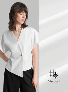 Ontre Women's Clothing New 2025 Spring Exclusive White V-Neck Solid Single-Button Casual Metal Buckle Color Block Short Sleeve Blouse, Elegant Ladies Apparel