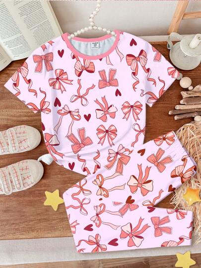 SHEIN Leap Crew Tween 女童休闲卡通印花短袖 T 恤和紧身裤两件套家居服套装，春夏