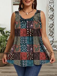 EMERY ROSE Plus Size Wide Strap Ruched Loose Tank Top, Suitable For Spring And Summer,Western Wear Women Suitable For Going Out,Vacation - Multicolor - View 3