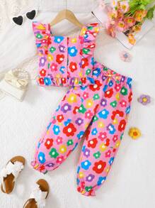 ชุดเด็กผู้หญิง 2 ชิ้น/เซ็ต ฤดูใบไม้ผลิ ฤดูร้อน เสื้อแขนสั้นลายพิมพ์ดอกไม้น่ารัก และกางเกงขาสั้นพับปลายชายโบว์สำหรับเด็กเล็กและเด็กผู้หญิงอายุน้อย - มัลติคัลเลอร์ - ดู 3