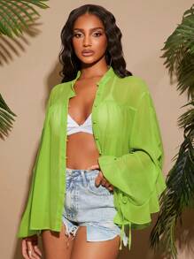 SHEIN SXY 全新夏季休闲度假海滩、郊游、聚会、通勤荷叶边奶油绿色雪纺长袖衬衫 - 綠色 - 查看 5