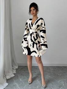 Elenzga 女式褶皱长袖收腰背印花花卉休闲度假连衣裙 - 彩色 - 查看 5