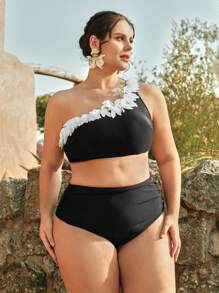 Swim Chiccia 2 件大码女式纯色露背雪纺荷叶边上衣和高腰褶皱三角裤比基尼套装，适合夏季海滩度假 - 黑與白 - 查看 6