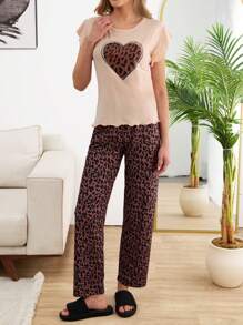RueChic Women High Quality Lettuce Trim Contrast Colour Leopard Heart Printed Ruffle Short Sleeve Detail Shirt And Leopard Pattern Sleep Bottom PJ Set - Apricot - View 3