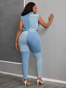 SHEIN SXY Mono de mezclilla vintage lavado de talla grande con diseño elástico y parchwork sexy para mujeres