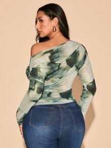 SHEIN BAE Spring Summer Clothes Vacation Beach Plus Size Women Date Out Elegant Big Women Printed Asymmetrical Neckline Pleated Slim Top Mesh Long Sleeve T-Shirt Marble Top - Green - View 2
