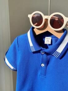 SHEIN Leap Crew 2pcs Set Casual Baby Boy/Girl Contrast Color Striped Detail Half Open Polo Shirt With Elastic Waist Knit Shorts, Suitable For Spring/Summer Everyday Wear - Blue - View 8