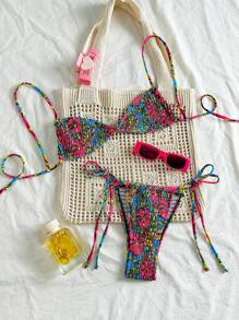 Swim Mod Women Spring Break Beach Vacation Sexy Fashion Printed Fringe Triangle Bikini Set For Summer - Multicolor - View 1