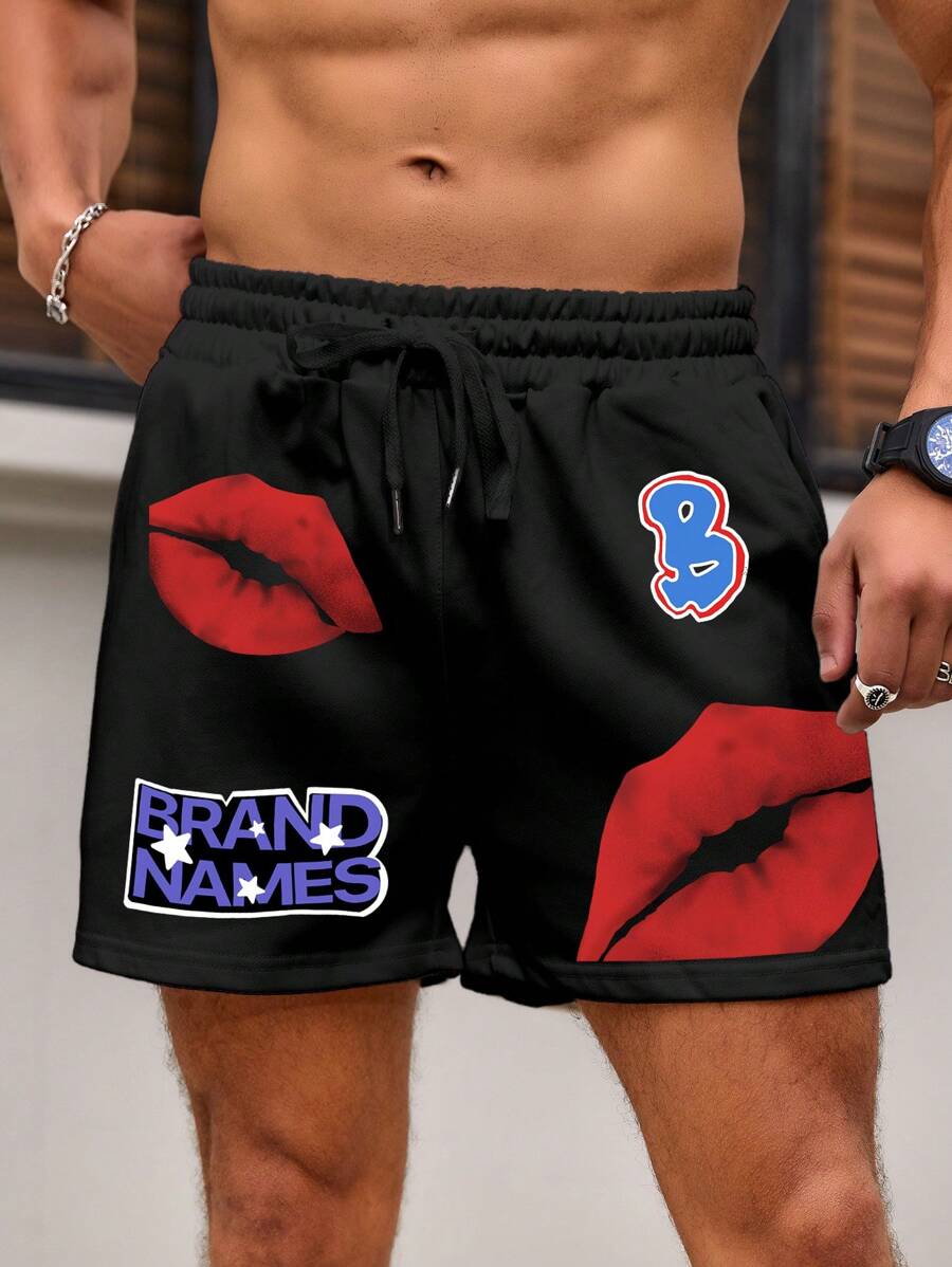 Manfinity Roghcode Manfinity Streetrush Men's Valentine's Day Shorts, Black Shorts With Valentine's Day Red Lips Design, Valentine's Day Celebration Shorts - Black - View 1