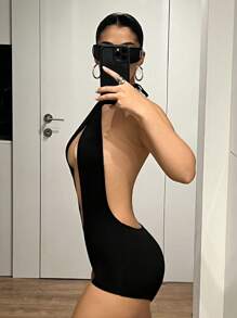 SHEIN ICON 性感镂空深 V 露背交叉挂脖式连体衣