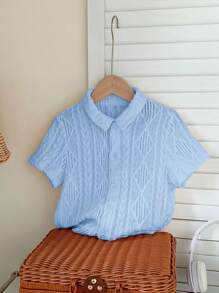 SHEIN Leap Crew 1 件年轻男孩宽松休闲提花翻领短袖衬衫 - 淺藍色 - 查看 4