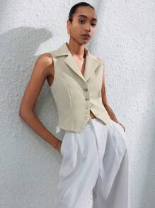 Aveloria Modichic 时尚通勤单排扣翻领无袖背心，收腰，显瘦，女式上衣可分层搭配 - 米色 - 查看 7