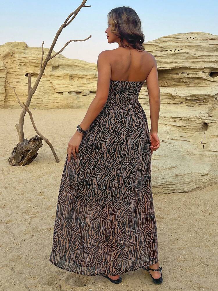 Women's Sleeveless Dress With High Slit Zebra Allover Print, Suitable For Beach Holiday Summer Cruise Women Outfits Sundress Boho