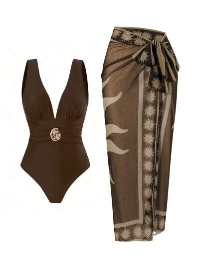 Swim Oasis 2pcs/Set Women's Solid Brown Swimsuit With Mesh Printed Beach Cover Up Dress, Casual Resort Swimwear Set For Summer Beach Vacation