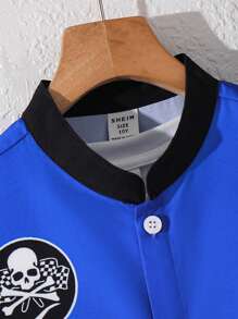 Tween Boy Casual Sports Basketball Letter Pattern Baseball Collar Short Sleeve Shacket, Suitable For Commuting, School, Daily Casual, Sports, Spring/Summer
