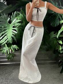 SHEIN Essnce 女士白色编织孔眼刺绣背心和裙子套装，优雅女士两件套，婚礼配套套装 - 白色 - 查看 8