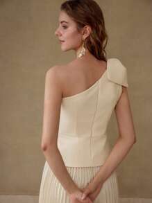 MOTF PREMIUM ONE SHOULDER BOW DECOR BLOUSE - Apricot - View 6