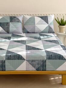 3Pcs Fitted Sheet Set, 80g Microfiber, Geometric Pattern, 1 Fitted Sheet + 2 Pillowcases