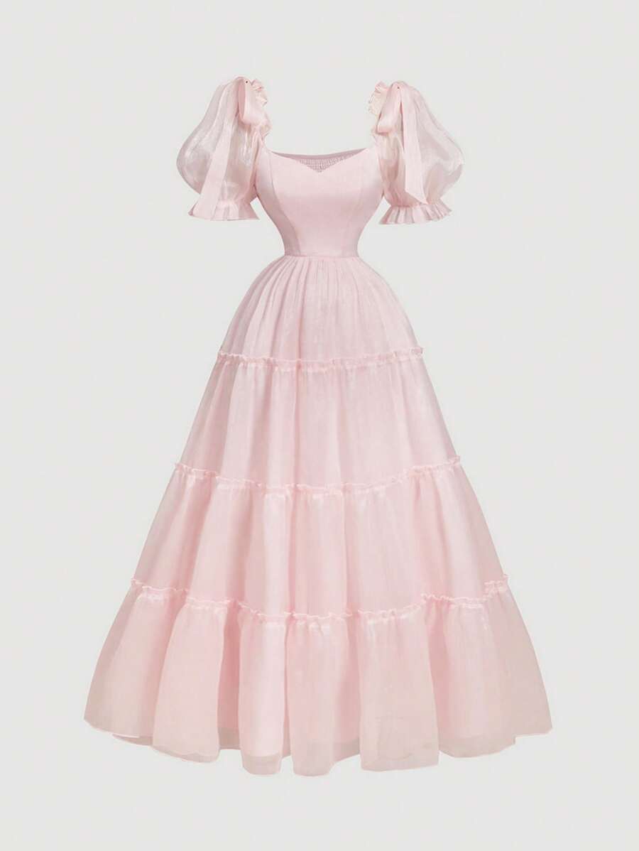 SHEIN MOD 褶饰多层喇叭下摆连衣裙，蝴蝶结装饰，欧根纱面料，梦幻浪漫风格，适合约会、派对、节日、茶会、生日、情人节、女士夏季服装、女士沙滩服装、狂欢节服装、女士度假服装、女士节日服装、女士复活节服装、女士约会之夜服装 - 粉色 - 查看 1