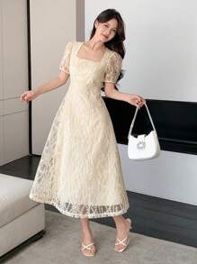 DAZY Women Square Neck Lace Short Sleeve Long Dress