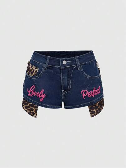 J-Fashion Y2K Slogan Typography Embroidered Stitching Colorblock Leopard Print Low Waist Denim Shorts