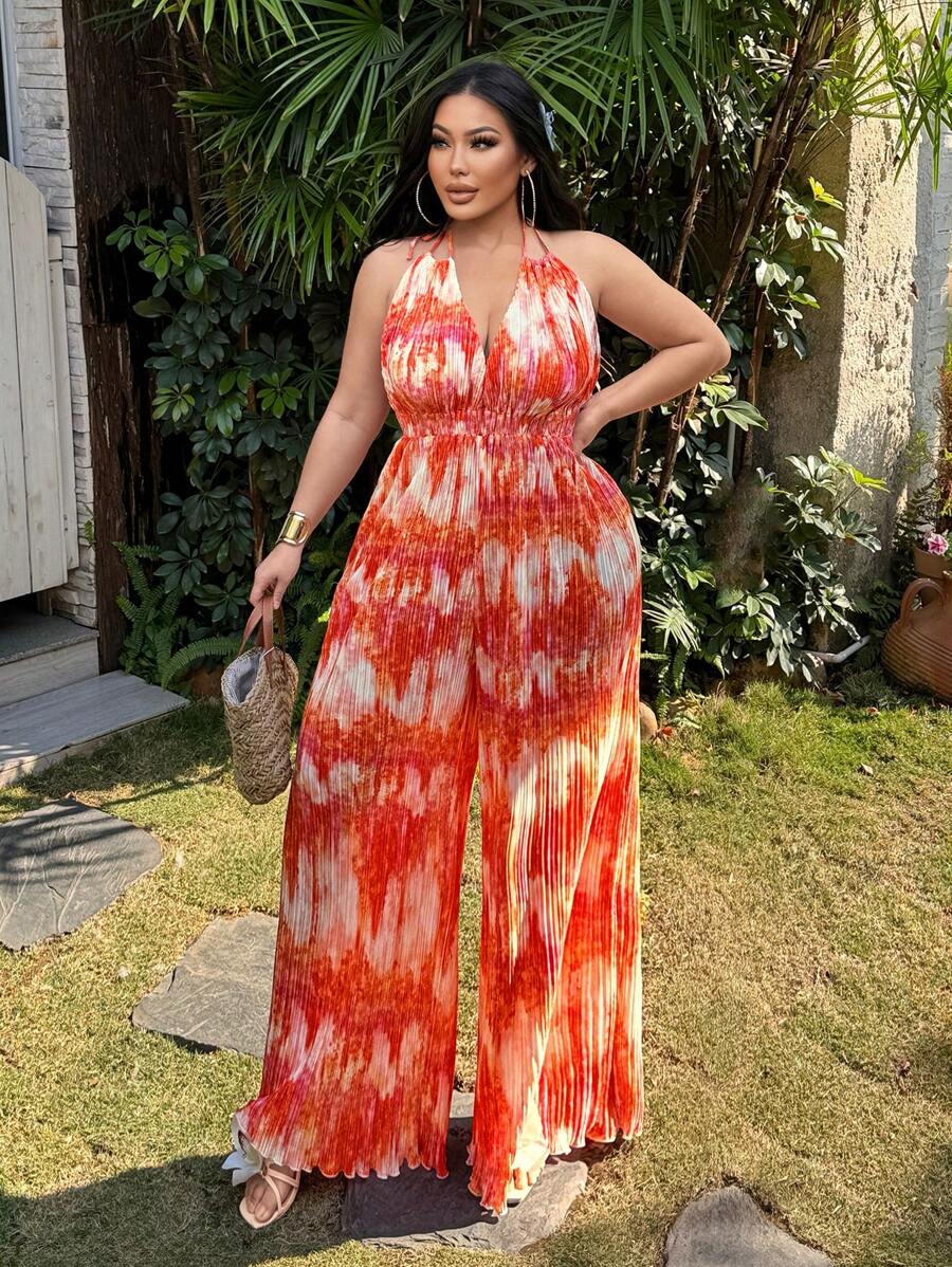 SHEIN SXY Combinaison à pattes larges avec dos nu et froncé, tie-dye, tailles plus, convient pour le port quotidien, les vacances à la plage, les sorties, les anniversaires, les enterrements de vie de jeune fille. Design mignon et décontracté, facile à assortir, mincissant, mettant en valeur la silhouette. - Multicolore - Voir 1