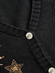 ROMWE Fairycore Cárdigan de mujer con bordados de luna y estrellas de inspiración de bruja para una noche misteriosa, blusas de manga larga - Negro - Ver 3