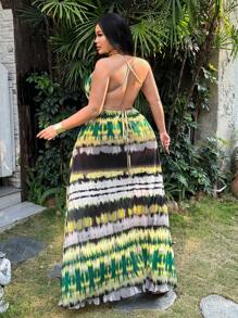 SHEIN SXY Plus Size Women's V-Neck Backless Tie-Dye Ruffle Print Dress,Green,Summer,Boho,Vacation,Holiday,Casual Beach Outfits,Cute Date Night Streetwear - Multicolor - View 2