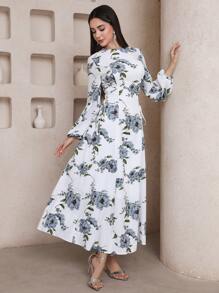 Veilorie Women's Floral Print Round Neck Lantern Sleeve Elegant Mid-Length Dress, Perfect For Vacation - White - View 1