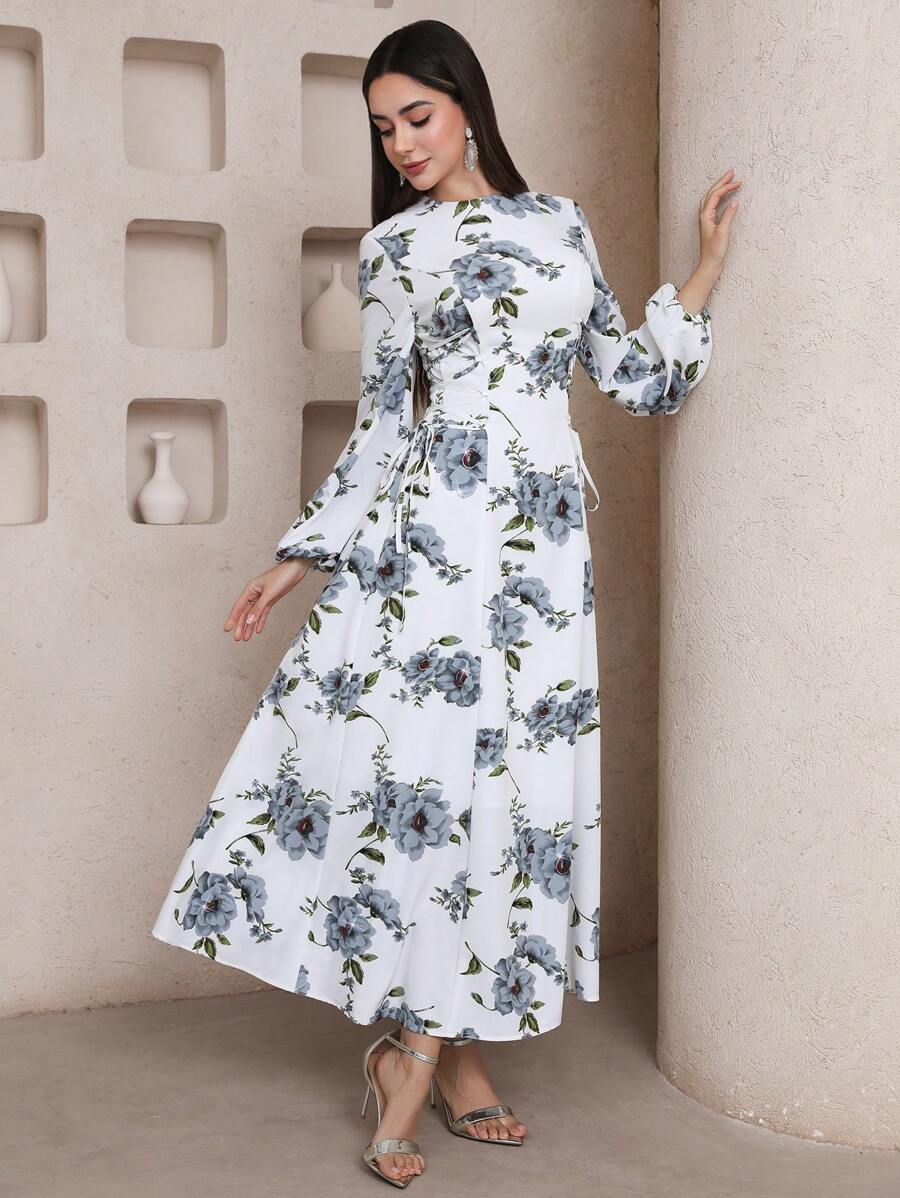 Veilorie Women's Floral Print Round Neck Lantern Sleeve Elegant Mid-Length Dress, Perfect For Vacation - White - View 1
