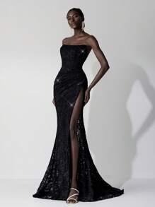 Elitara 优雅浪漫的黑色弹力蕾丝特殊造型鱼骨领连衣裙，高开衩至大腿，修身鱼尾裙摆，适合婚礼宾客、晚宴、单身派对、约会、度假、返校季、毕业季、婚礼活动、晚礼服、正式礼服、长裙、情人节等场合。 - 黑色 - 查看 4