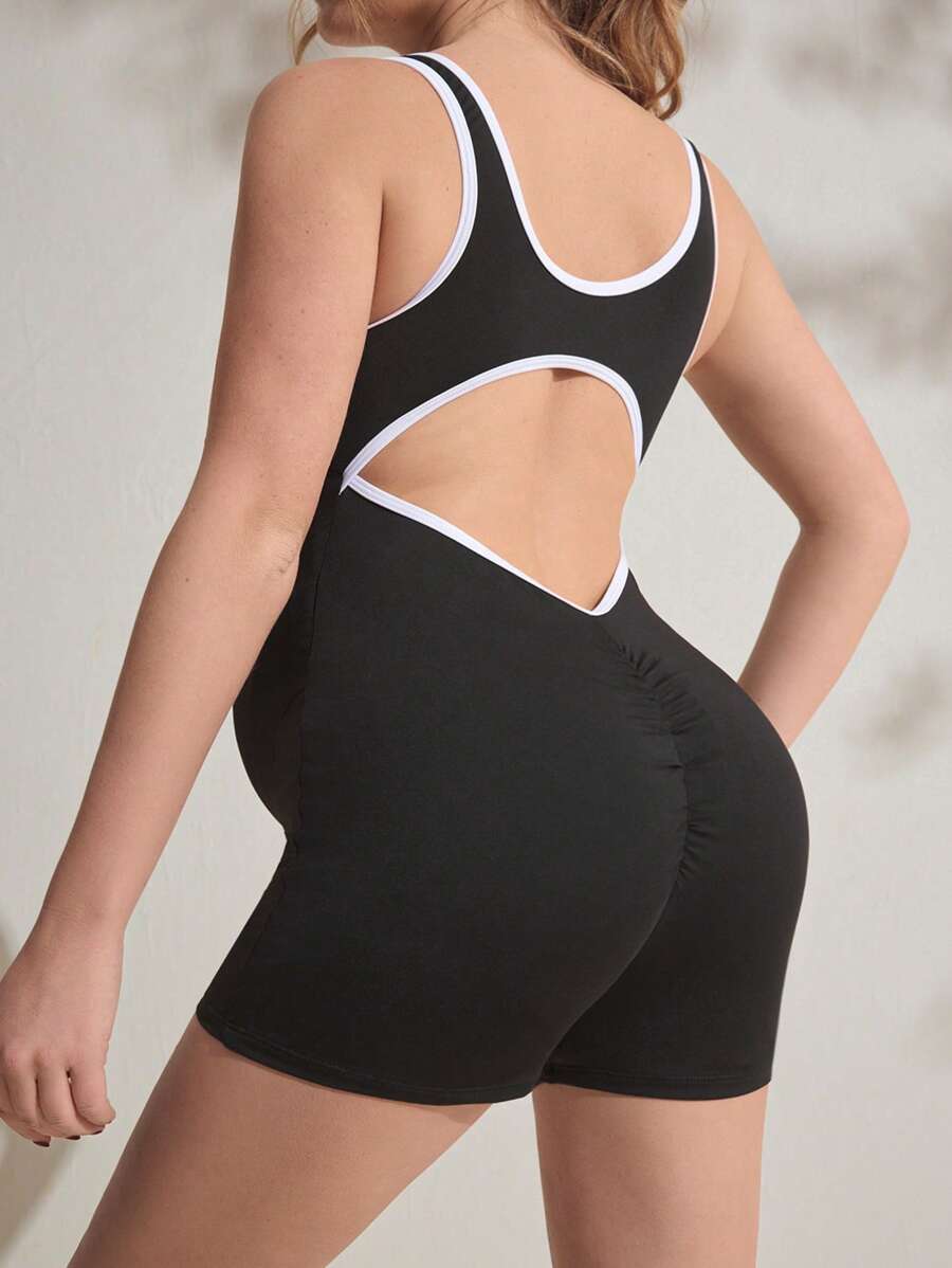 SHEIN ملابس السيدات الحوامل قطعة واحدة قصيرة بتصميم ظهر مفتوح وأحزمة عريضة بدون أكمام مع تباين الألوان، مناسبة للرياضات الخارجية واليوغا - الأسود - مشاهدة 1