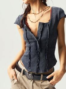 Bohemela Camiseta casual de mujer de unicolor, de cuello cuadrado, ajustada, con dobladillo asimétrico y manga corta lavada - Gris Oscuro - Ver 3