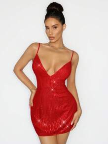 Zolique 女士亮片迷你深 V 领吊带裙，性感 - 紅色 - 查看 1