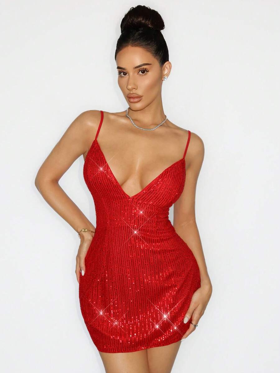 Zolique 女士亮片迷你深 V 领吊带裙，性感 - 紅色 - 查看 1