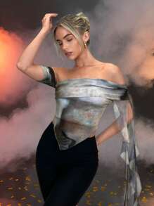 SHEIN Privé Top moulant à volants asymétriques, épaules dénudées, teinture nouée, taille froncée, ourlet pour festival, Saint-Valentin, concert, rave pour femmes - Multicolore - Voir 1