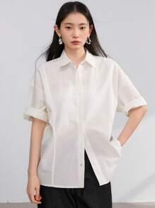 Dazy-Less 女士简约扭纹纽扣宽松休闲短袖衬衫商务休闲女装 - 白色 - 查看 8