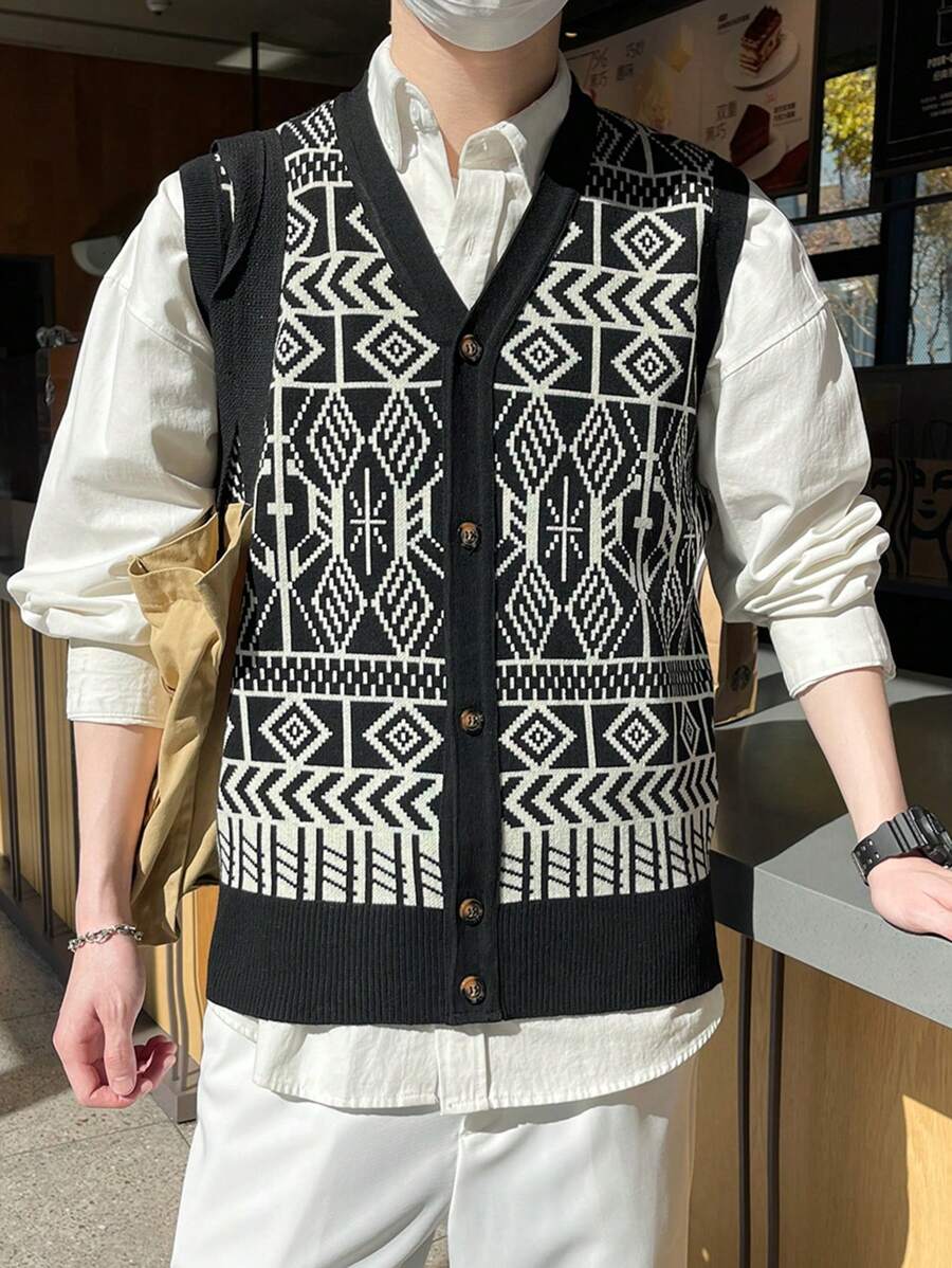 Manfinity Homme Men's Geometric Pattern Single-Breasted Casual Knitted ...
