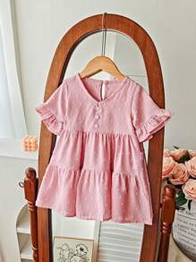 Baby/Toddler Girl Elegant Sweet Vacation Casual Style New Spring/Summer Dress, Loose Comfortable Polka Dot Jacquard Fabric V-Neck Front Button Decor Ruffle Hem Knee Length Dress, Suitable For Daily Wear Or Vacation - Pink - View 6