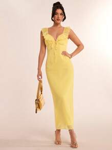 SHEIN BAE Spring Elegant Vacation Party Dress For Women, Solid Color Deep V-Neck Ruffle Trim Sexy Backless A-Line Midi Dress, Suitable For Romantic Dates, Outing With Friends, Vacation Activities, And Daily Elegant Occasions