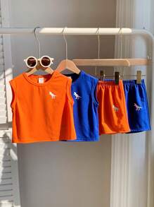 SHEIN 4 件套男童/女童卡通动物印花针织柔软圆领无袖背心 + 松紧腰休闲运动短裤，适合居家、外出、上学