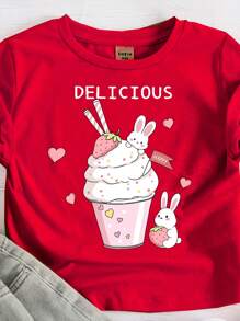 Young Girl Casual Minimalist Pattern Short Sleeve T-Shirt, Suitable For Summer - Red - View 3