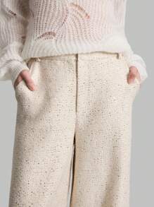 Ontre 女装 2025 新款春季情人节象牙色粗花呢点缀高腰优雅阔腿裤带口袋，复古风格西装裤 - 白色 - 查看 5