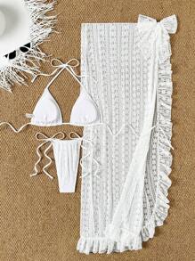 SHEIN Swim 3pcs Spring Break White Lace Triangle Halter Sexy Summer Beach Vacation Bikini Set Swimwear & Skirt, For Women