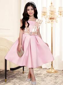 SHEIN فستان مطرز بالورود والجاكار المجدول للفتيات المراهقات، طراز أميرة، للحفلة، عيد الميلاد، طراز قصر فخم، فستان فتاة الزهور