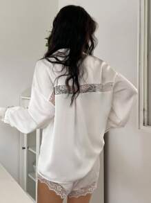 DAZY Sexy Lace Splice Satin Loose Top & Super Short Shorts Women Sleepwear Pajama Set, Fall Winter Clothes - White - View 2