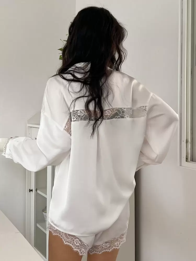 Sexy Lace Splice Satin Loose Top & Super Short Shorts Women Sleepwear Pajama Set, Fall Winter Clothes