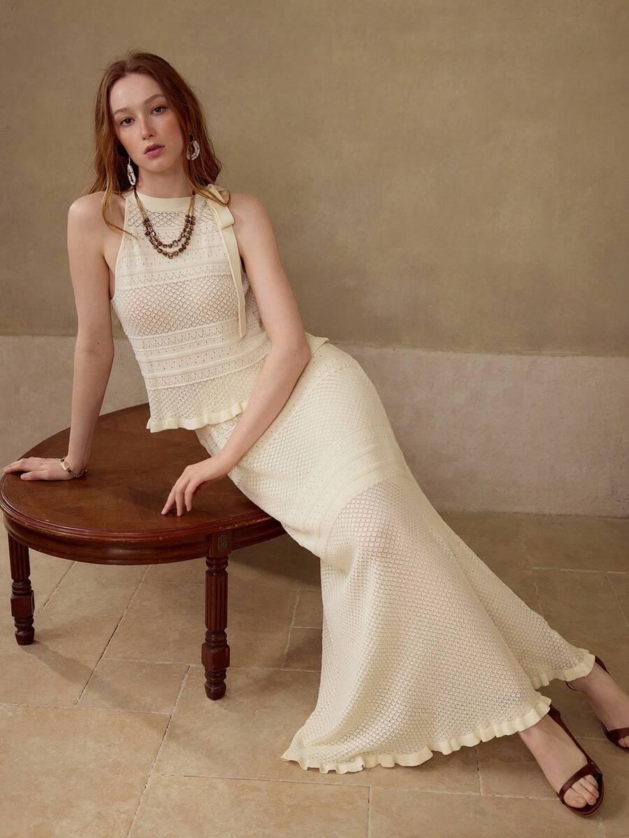 MOTF PREMIUM 网眼针织荷叶边下摆毛衣裙 - 杏色 - 查看 1