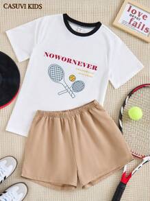 SHEIN Explorewe 2pcs/Set Girls Vintage-Style Tennis Racket Print Loose Casual Round Neck T-Shirt + Solid Color Shorts Sports Set, Suitable For Spring/Summer Daily Wear & Sports - White - View 1