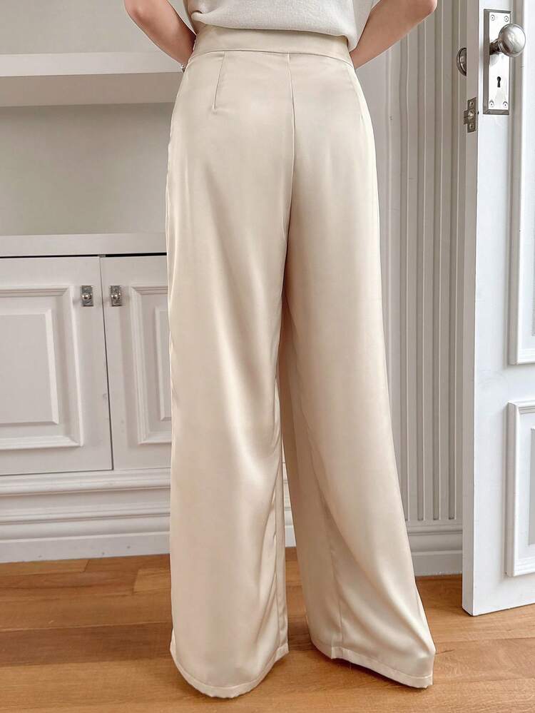 Women's Satin Pleated Straight Leg Pants, Minimalist Fashion Casual Everyday Wear Women Dress Pants